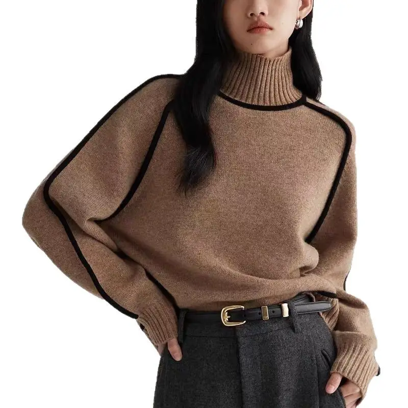 Cross-Border Foreign Trade Women's Sweater, Fashionable Half-High Collar Raglan Sleeve Top, Elegant Line Ribbed Knit Base Shirt for Women
