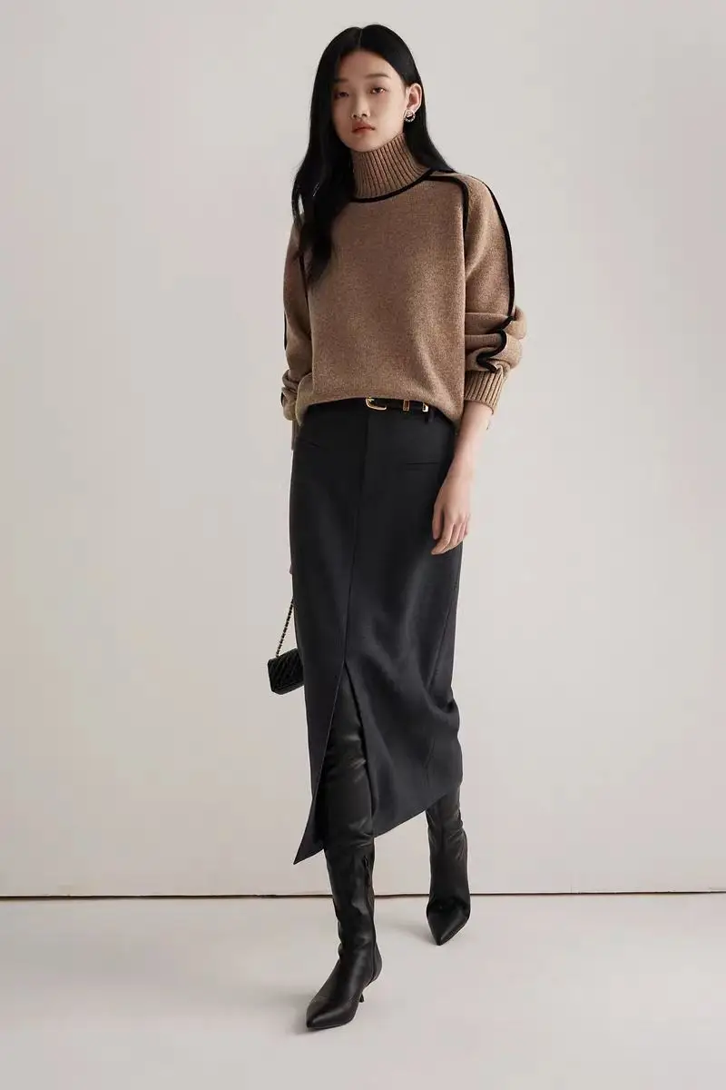 Cross-Border Foreign Trade Women's Sweater, Fashionable Half-High Collar Raglan Sleeve Top, Elegant Line Ribbed Knit Base Shirt for Women — feature 10