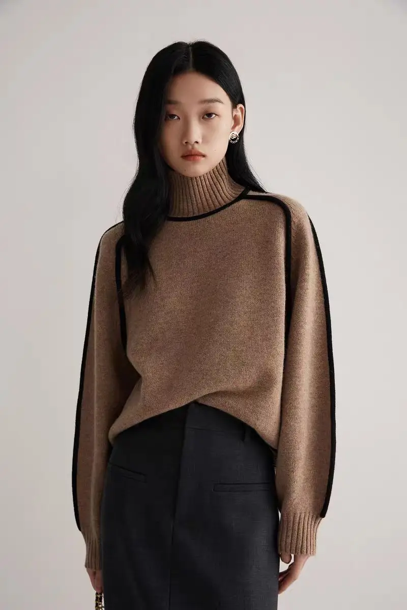 Cross-Border Foreign Trade Women's Sweater, Fashionable Half-High Collar Raglan Sleeve Top, Elegant Line Ribbed Knit Base Shirt for Women — feature 11
