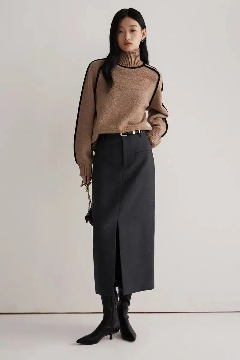 Cross-Border Foreign Trade Women's Sweater, Fashionable Half-High Collar Raglan Sleeve Top, Elegant Line Ribbed Knit Base Shirt for Women — feature 12