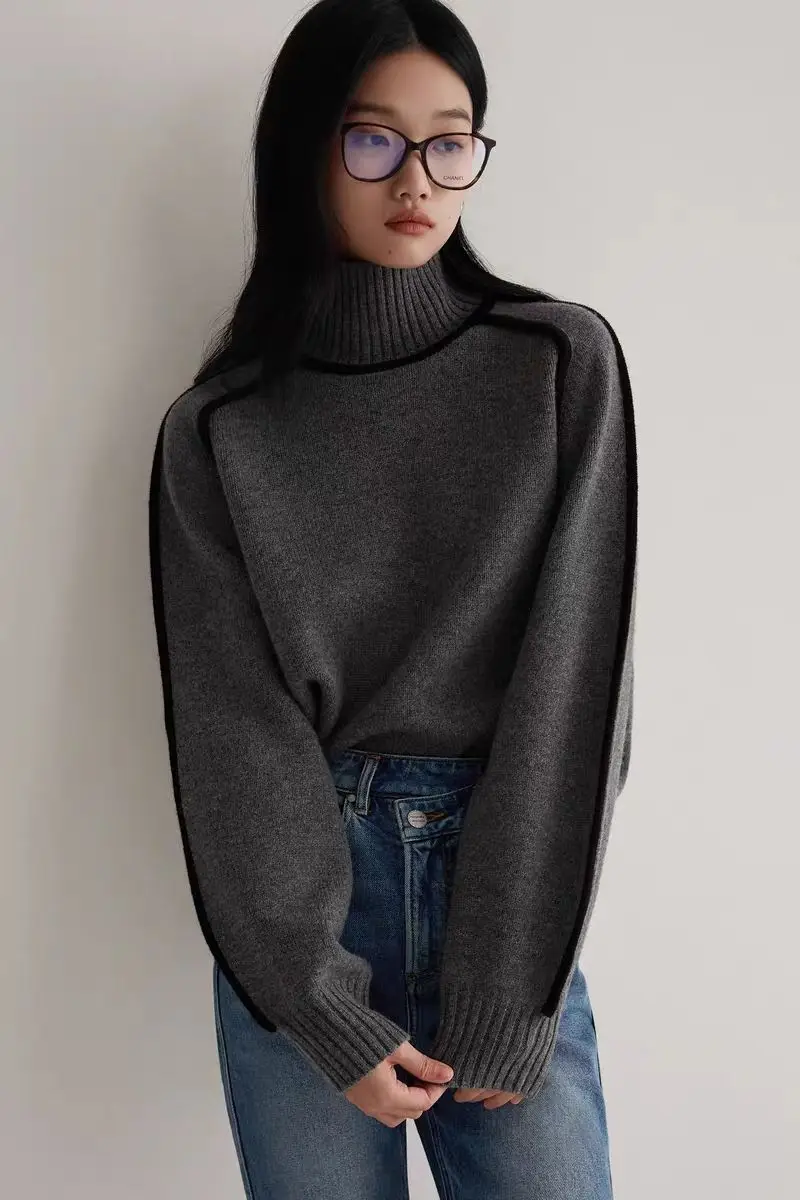 Cross-Border Foreign Trade Women's Sweater, Fashionable Half-High Collar Raglan Sleeve Top, Elegant Line Ribbed Knit Base Shirt for Women — feature 14