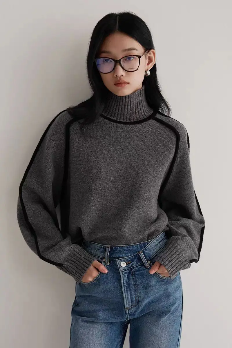 Cross-Border Foreign Trade Women's Sweater, Fashionable Half-High Collar Raglan Sleeve Top, Elegant Line Ribbed Knit Base Shirt for Women — feature 15