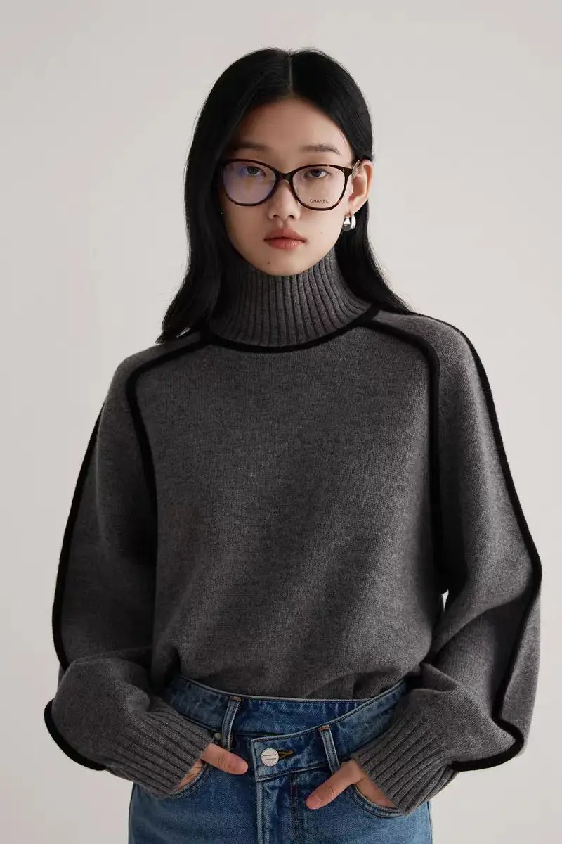 Cross-Border Foreign Trade Women's Sweater, Fashionable Half-High Collar Raglan Sleeve Top, Elegant Line Ribbed Knit Base Shirt for Women — feature 17
