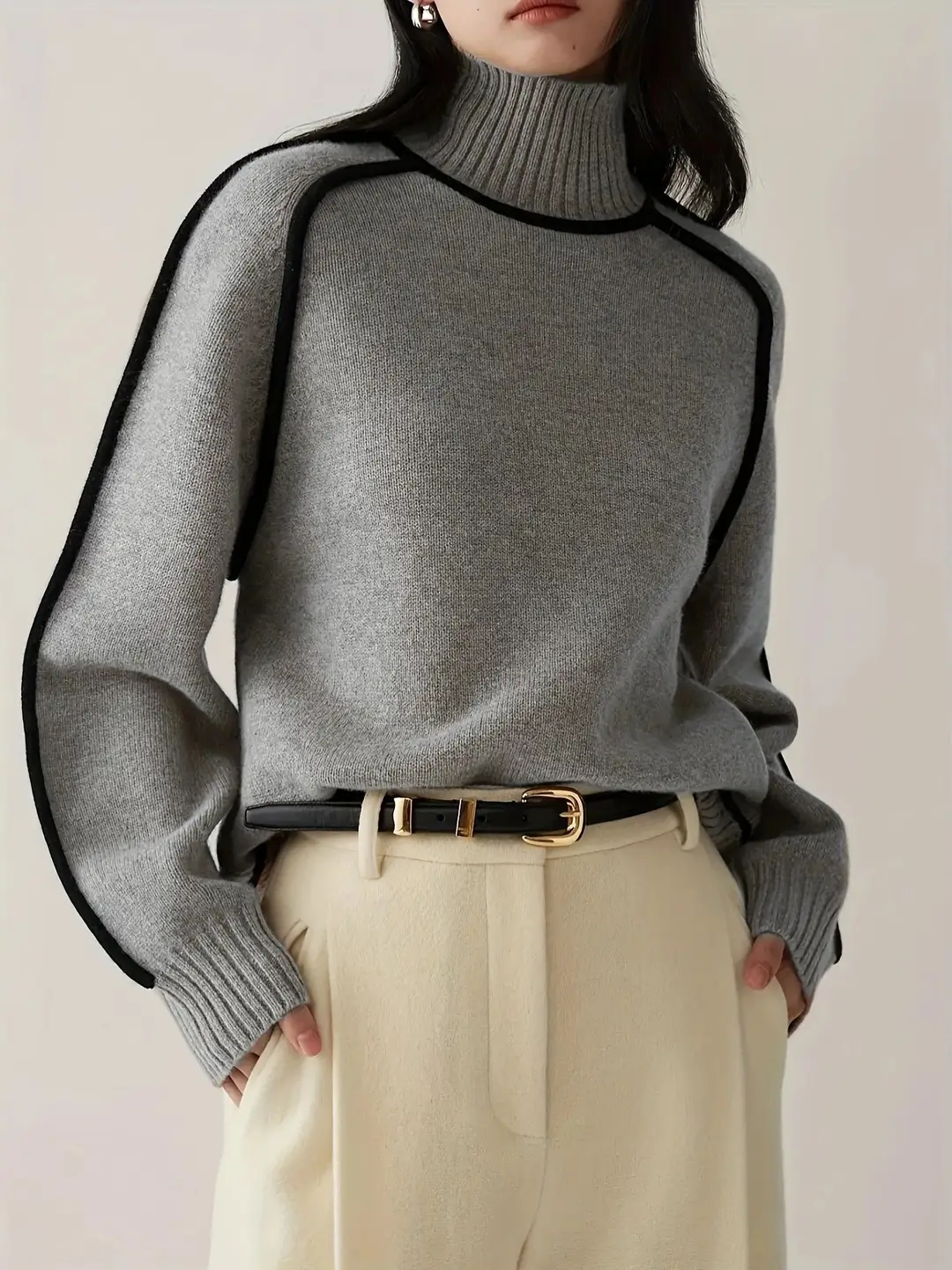Cross-Border Foreign Trade Women's Sweater, Fashionable Half-High Collar Raglan Sleeve Top, Elegant Line Ribbed Knit Base Shirt for Women — feature 19