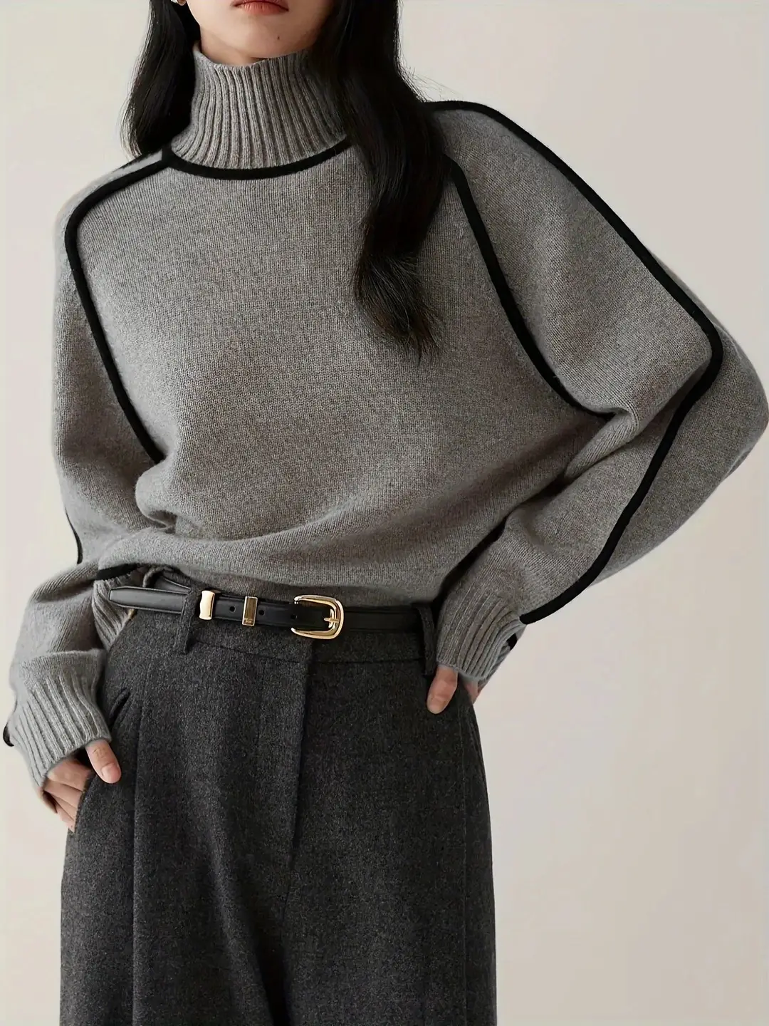 Cross-Border Foreign Trade Women's Sweater, Fashionable Half-High Collar Raglan Sleeve Top, Elegant Line Ribbed Knit Base Shirt for Women — feature 20