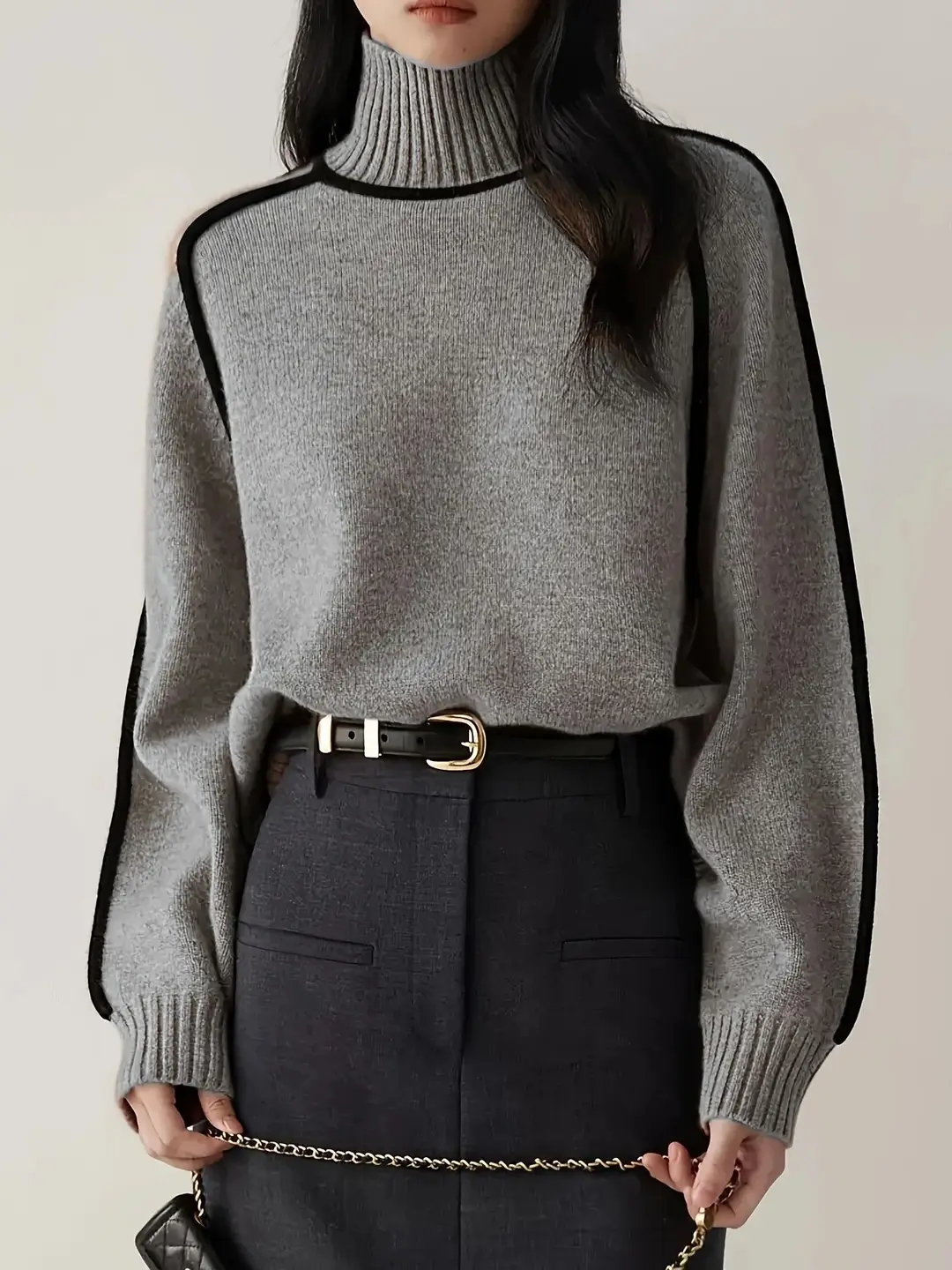 Cross-Border Foreign Trade Women's Sweater, Fashionable Half-High Collar Raglan Sleeve Top, Elegant Line Ribbed Knit Base Shirt for Women — feature 21