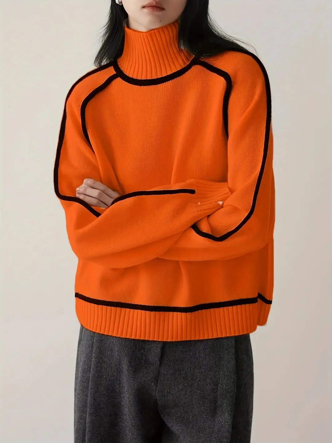 Cross-Border Foreign Trade Women's Sweater, Fashionable Half-High Collar Raglan Sleeve Top, Elegant Line Ribbed Knit Base Shirt for Women — feature 26