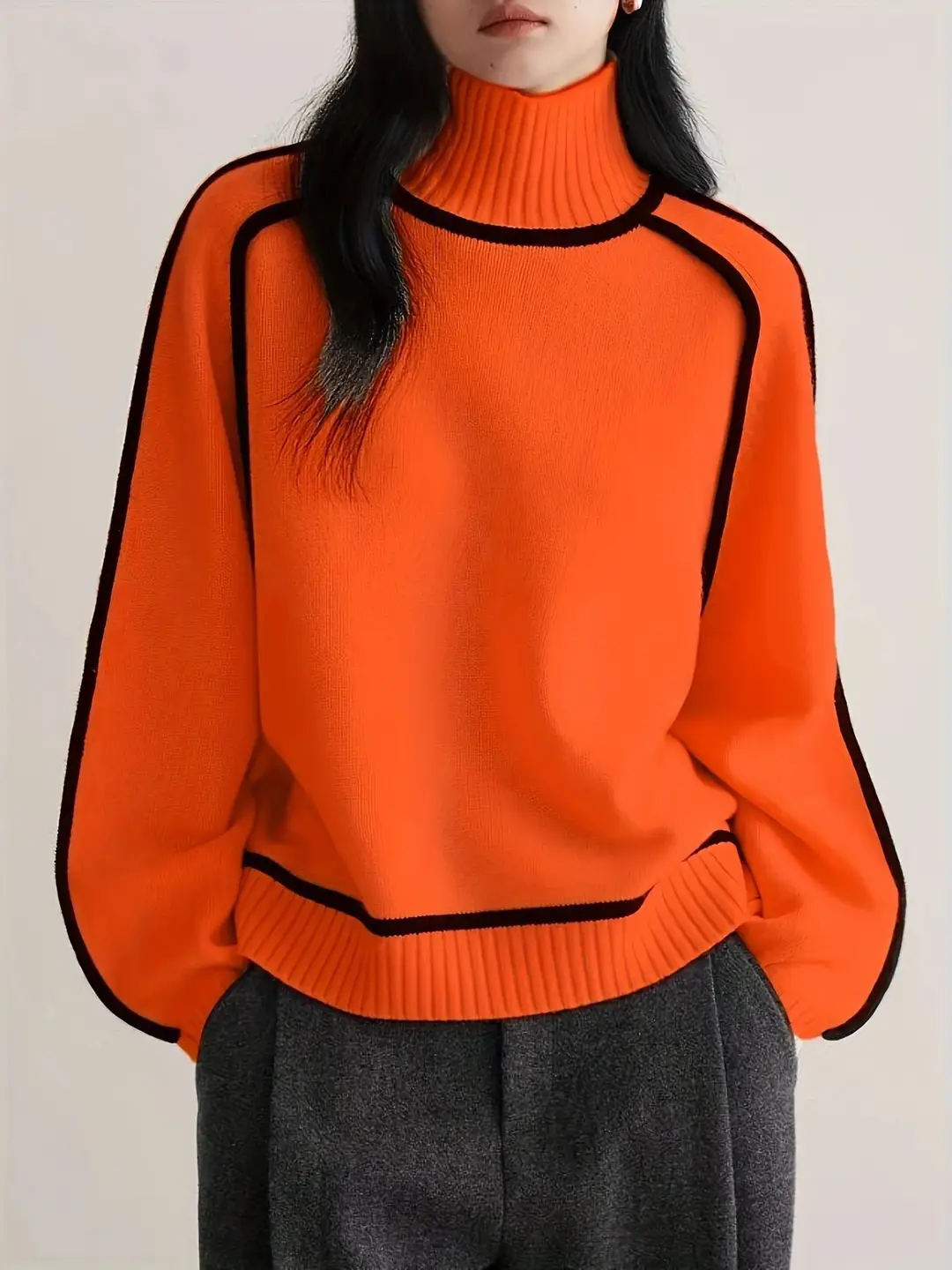 Cross-Border Foreign Trade Women's Sweater, Fashionable Half-High Collar Raglan Sleeve Top, Elegant Line Ribbed Knit Base Shirt for Women — feature 27