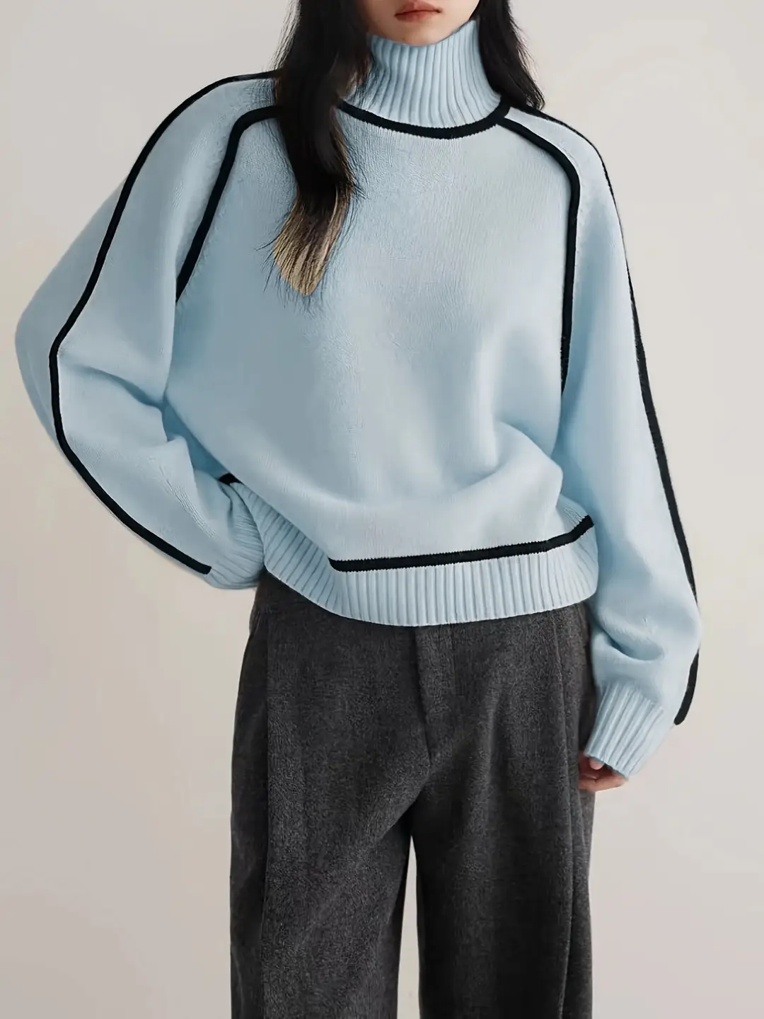 Cross-Border Foreign Trade Women's Sweater, Fashionable Half-High Collar Raglan Sleeve Top, Elegant Line Ribbed Knit Base Shirt for Women — feature 28