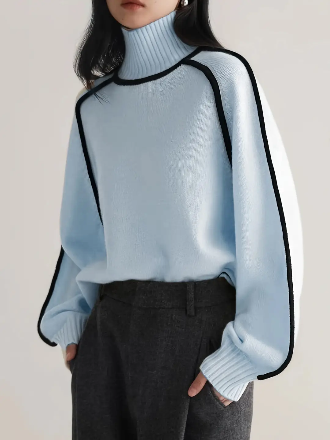 Cross-Border Foreign Trade Women's Sweater, Fashionable Half-High Collar Raglan Sleeve Top, Elegant Line Ribbed Knit Base Shirt for Women — feature 29