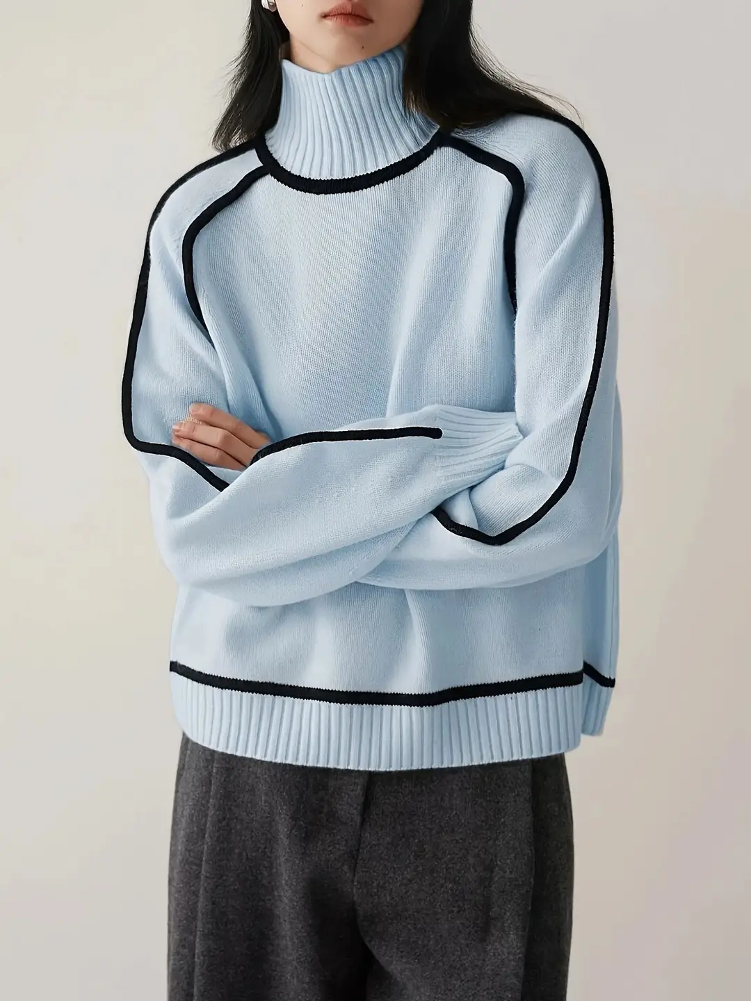 Cross-Border Foreign Trade Women's Sweater, Fashionable Half-High Collar Raglan Sleeve Top, Elegant Line Ribbed Knit Base Shirt for Women — feature 31