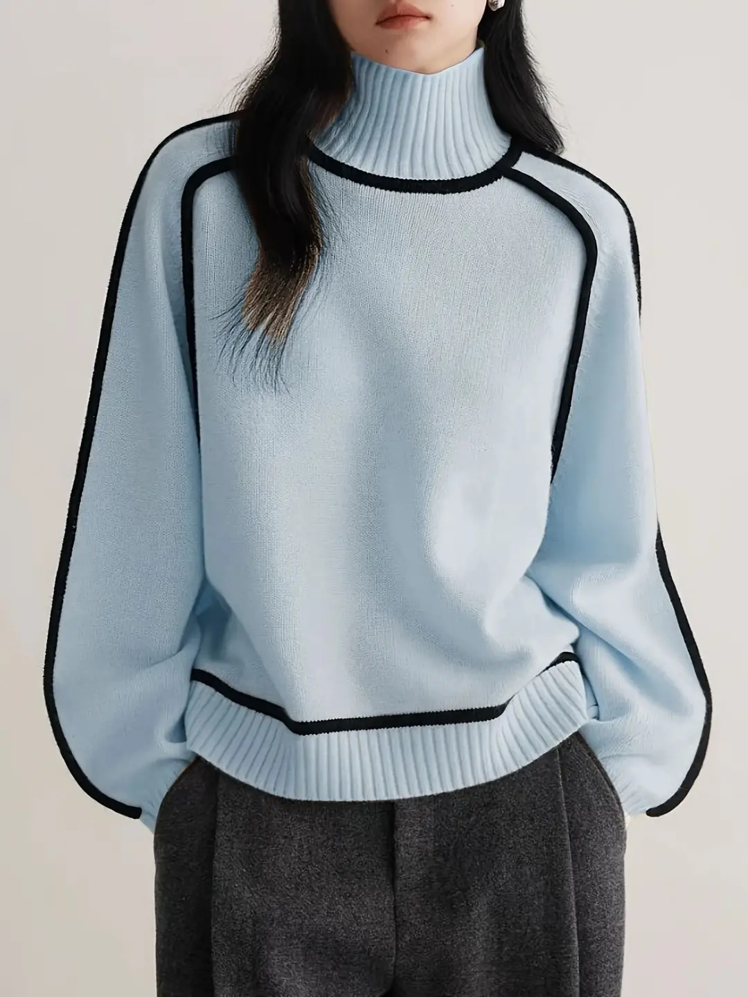 Cross-Border Foreign Trade Women's Sweater, Fashionable Half-High Collar Raglan Sleeve Top, Elegant Line Ribbed Knit Base Shirt for Women — feature 32
