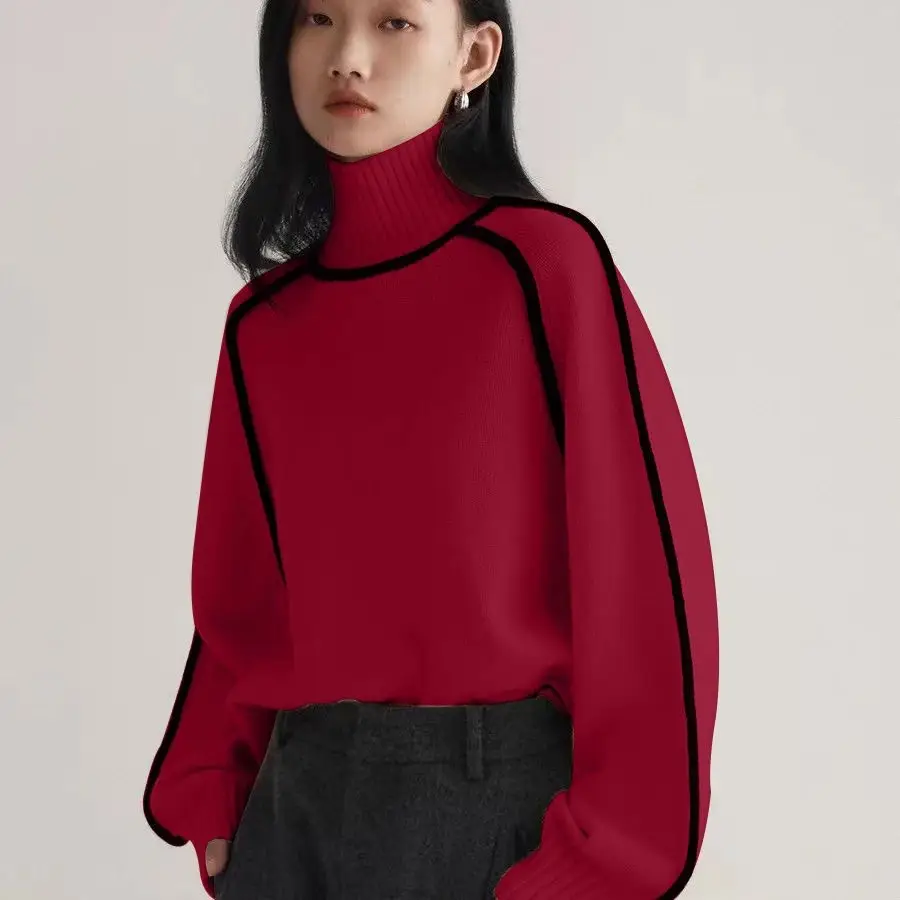 Cross-Border Foreign Trade Women's Sweater, Fashionable Half-High Collar Raglan Sleeve Top, Elegant Line Ribbed Knit Base Shirt for Women — feature 33