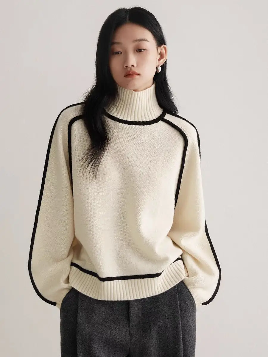 Cross-Border Foreign Trade Women's Sweater, Fashionable Half-High Collar Raglan Sleeve Top, Elegant Line Ribbed Knit Base Shirt for Women — feature 5