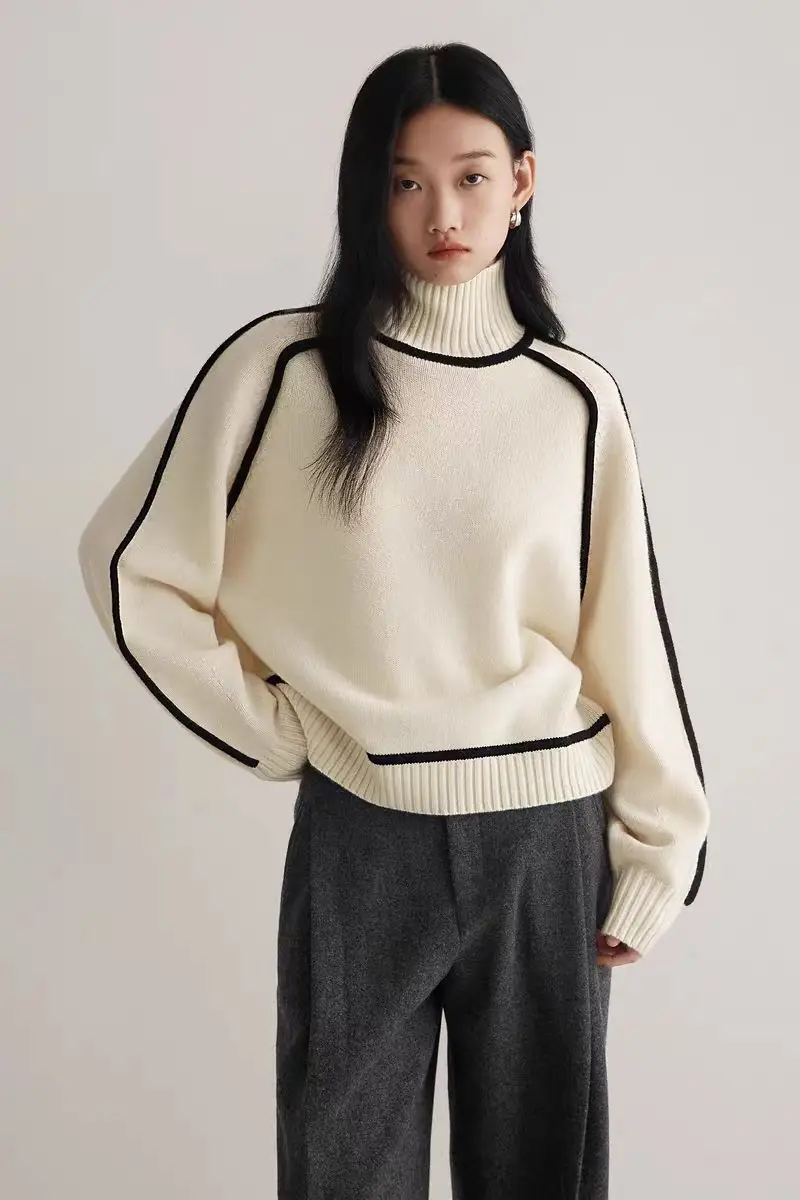 Cross-Border Foreign Trade Women's Sweater, Fashionable Half-High Collar Raglan Sleeve Top, Elegant Line Ribbed Knit Base Shirt for Women — feature 6