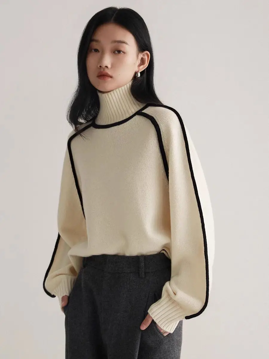 Cross-Border Foreign Trade Women's Sweater, Fashionable Half-High Collar Raglan Sleeve Top, Elegant Line Ribbed Knit Base Shirt for Women — feature 7
