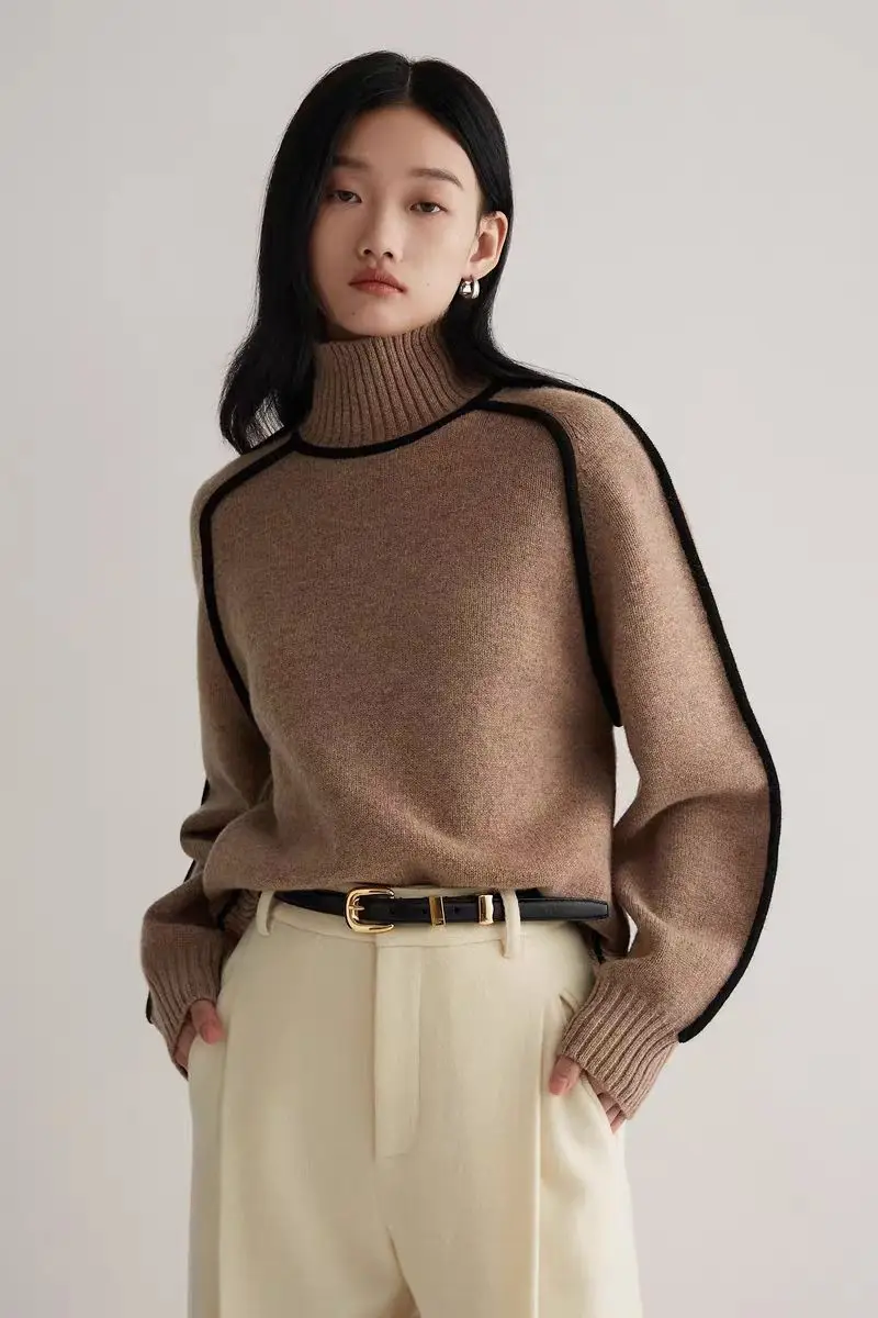 Cross-Border Foreign Trade Women's Sweater, Fashionable Half-High Collar Raglan Sleeve Top, Elegant Line Ribbed Knit Base Shirt for Women — feature 9