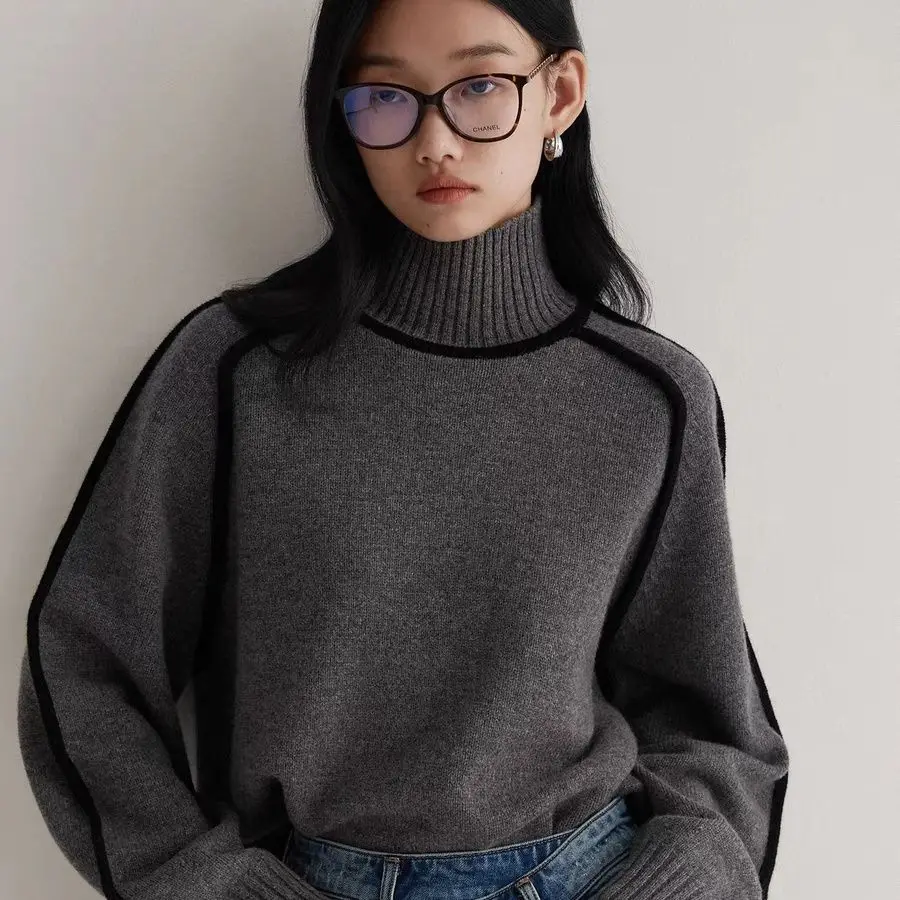 Cross-Border Foreign Trade Women's Sweater, Fashionable Half-High Collar Raglan Sleeve Top, Elegant Line Ribbed Knit Base Shirt for Women