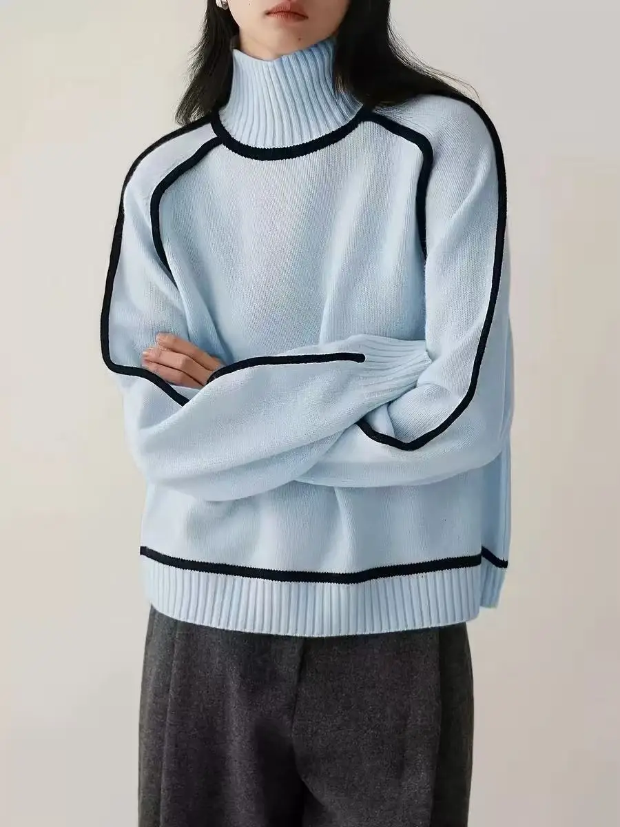 Cross-Border Foreign Trade Women's Sweater, Fashionable Half-High Collar Raglan Sleeve Top, Elegant Line Ribbed Knit Base Shirt for Women