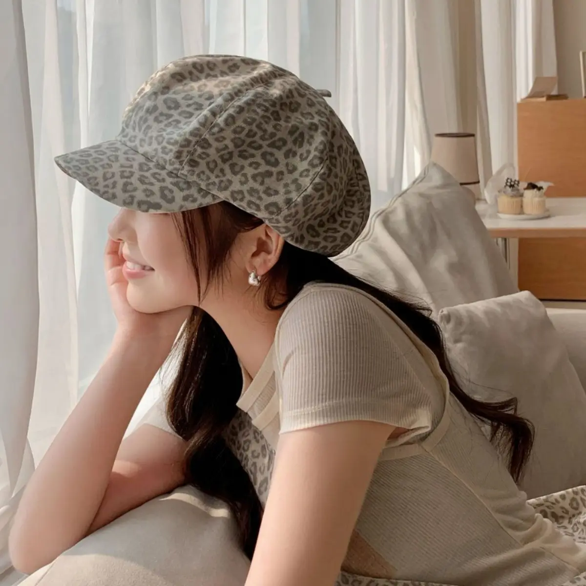 Leopard Print Octagonal Cloud Hat for Women - Image 5