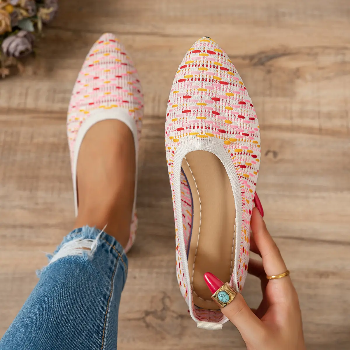 Women Knit Pointed Toe Shoes 2025 Casual Mom Style - Image 5