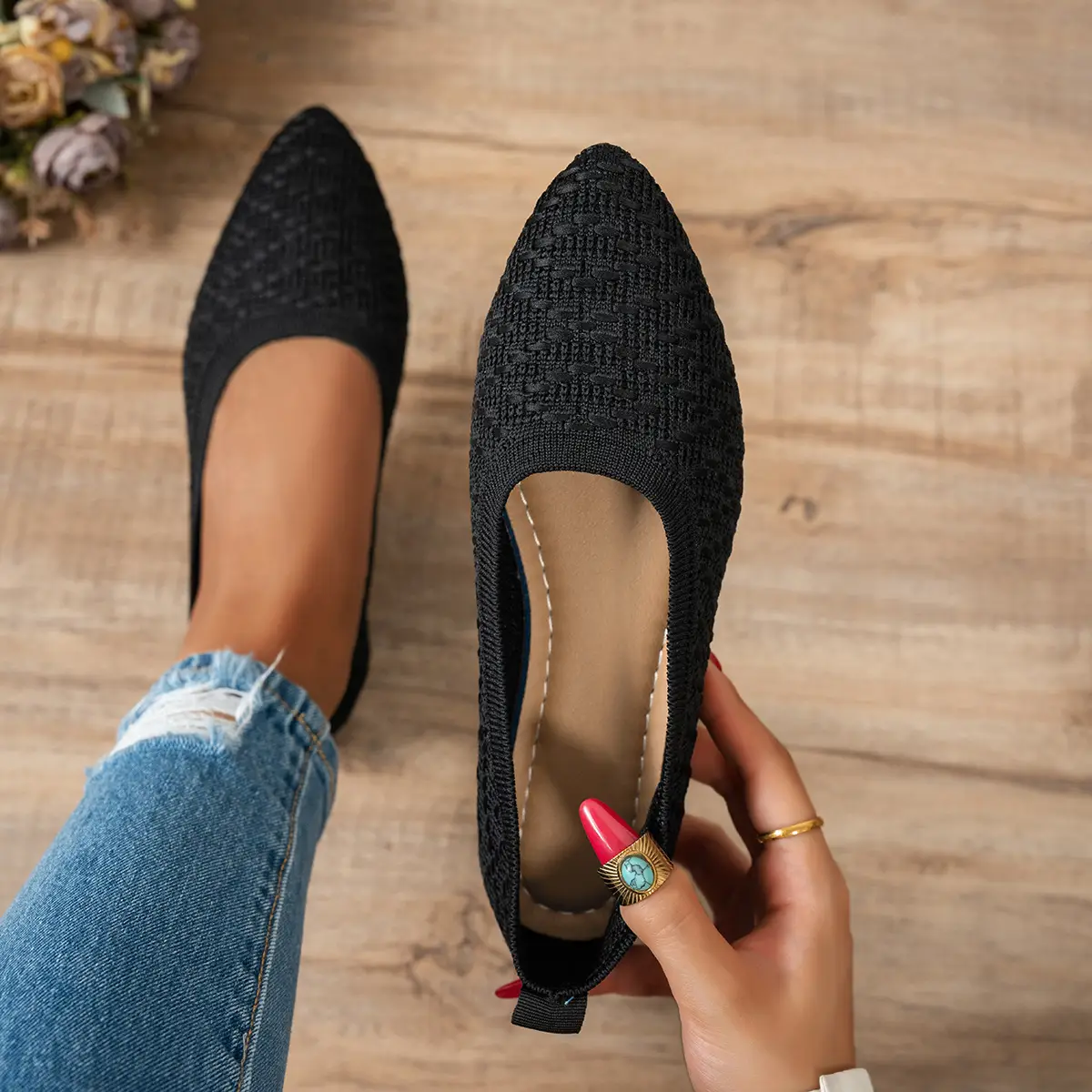 Women Knit Pointed Toe Shoes 2025 Casual Mom Style - Image 2