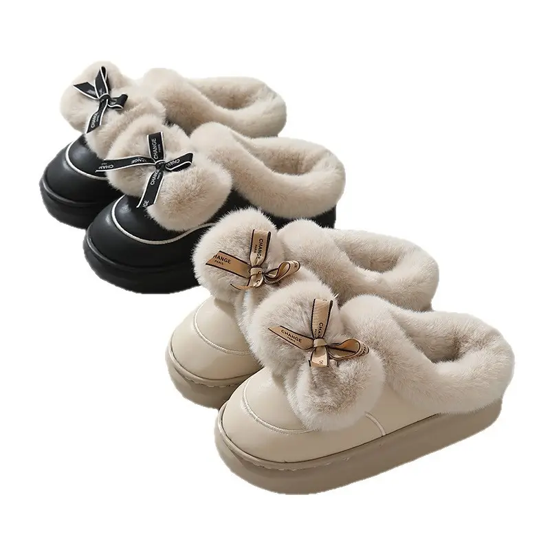 Bow Autumn and Winter Cotton Slippers for Women, Cute Girls' Slippers for Home, Indoor, Warm and Velvet, Couples, Non-Slip, Men's