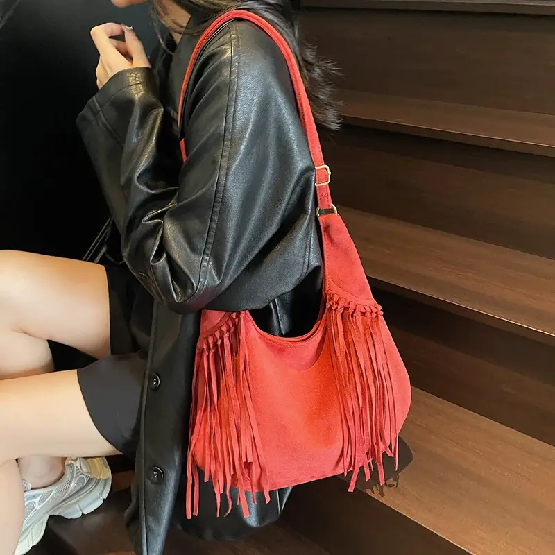 Tan Tassel Shoulder Bag for Women Large Capacity - Image 8