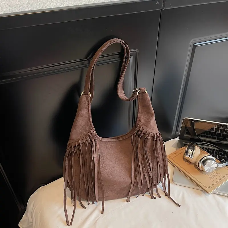 Tan Tassel Shoulder Bag for Women Large Capacity - Image 2
