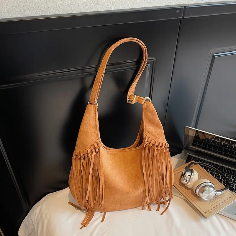 Tan Tassel Shoulder Bag for Women Large Capacity - Image 3