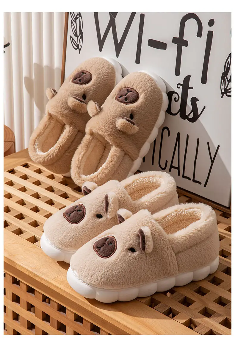 Kapibara Closed-Back Cotton Slippers for Men, Non-Slip, Odor-Resistant, Thickened, Couple's Warm and Durable Plush Maternity Shoes for Outdoor Wear for Women — feature 3
