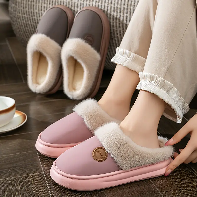 Down Fabric Plush Slippers with a Stepping-On-Clouds Feel for Postpartum Women, Autumn and Winter Indoor Home Warm Thick-Soled Couple Cotton Slippers