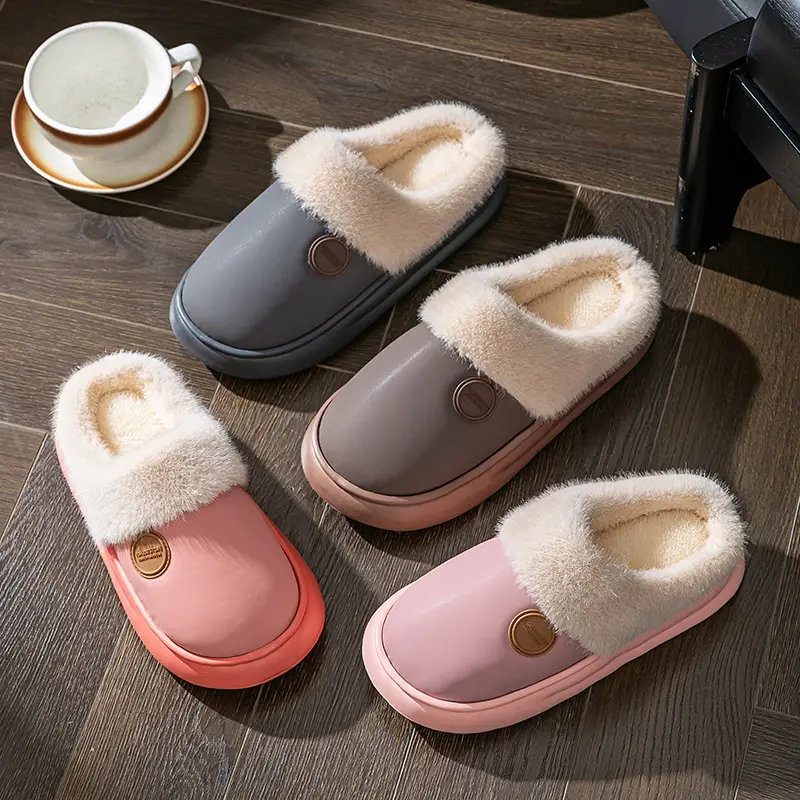 Down Fabric Plush Slippers with a Stepping-On-Clouds Feel for Postpartum Women, Autumn and Winter Indoor Home Warm Thick-Soled Couple Cotton Slippers
