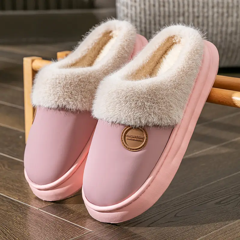 Down Fabric Plush Slippers with a Stepping-On-Clouds Feel for Postpartum Women, Autumn and Winter Indoor Home Warm Thick-Soled Couple Cotton Slippers
