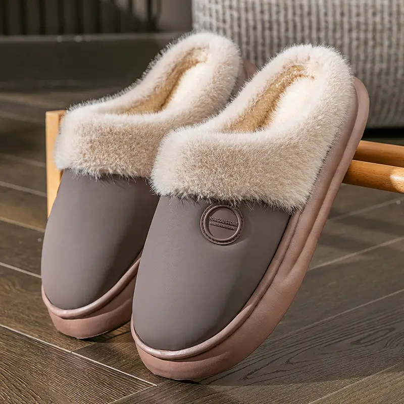 Down Fabric Plush Slippers with a Stepping-On-Clouds Feel for Postpartum Women, Autumn and Winter Indoor Home Warm Thick-Soled Couple Cotton Slippers