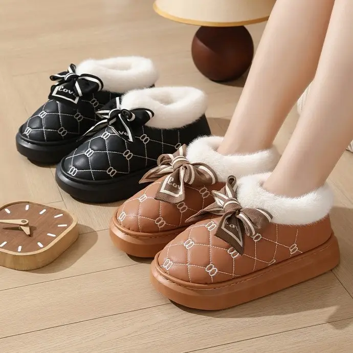 Winter Cotton Slippers with Fashionable Bow, Home Thick-Soled Warm Plus Suede Leather Waterproof and Odor-Proof Thickened Cotton Shoes - Image 5