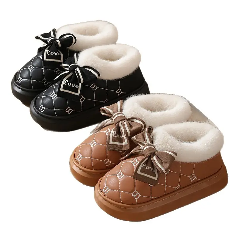 Winter Cotton Slippers with Fashionable Bow, Home Thick-Soled Warm Plus Suede Leather Waterproof and Odor-Proof Thickened Cotton Shoes - Image 8