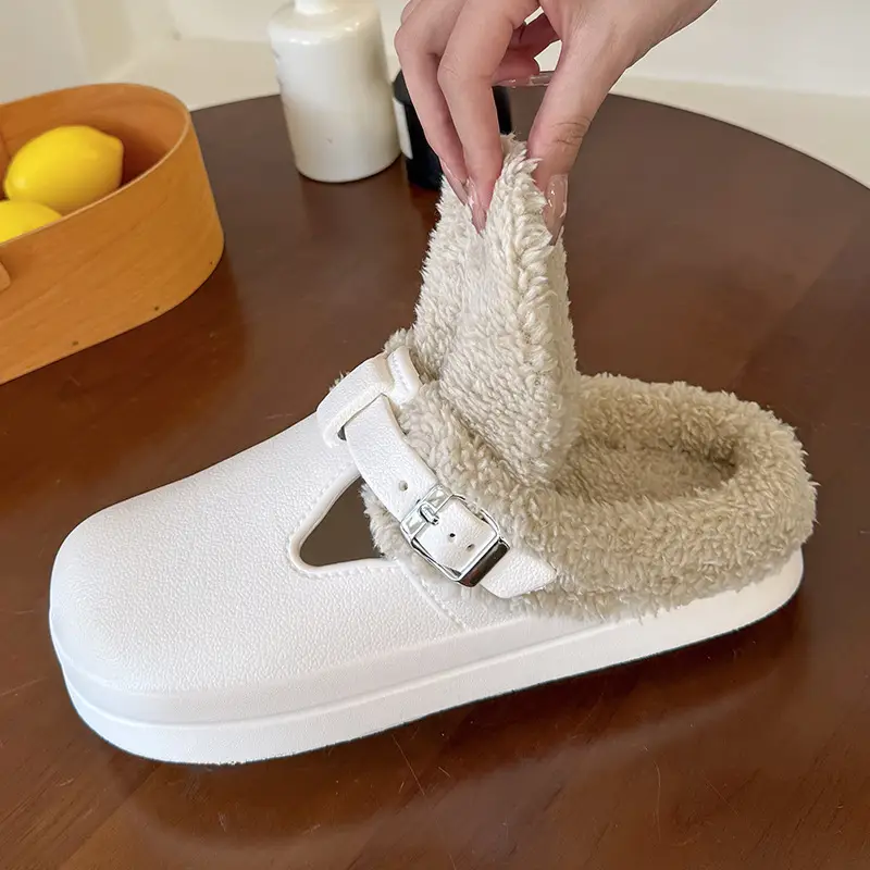 Birkenstock Shoes for Women, Autumn and Winter Outer Wear, Waterproof Fleece-Lined Cotton Slippers, Non-Slip Thick-Soled Home Furry Slippers, Stain-Resistant and Warm - Image 16