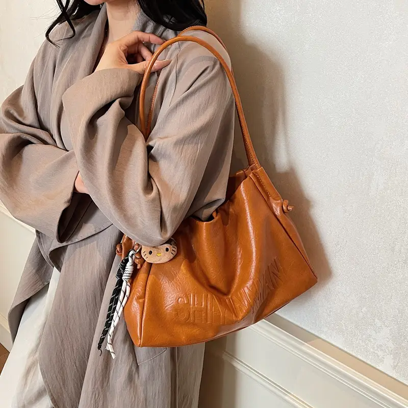 Women's Retro Brown Leather Tote Bag 2025 Autumn Winter - Image 3