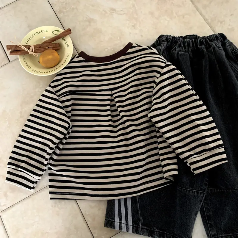 Kids Striped T-Shirt Black White Korean Style - Image 5