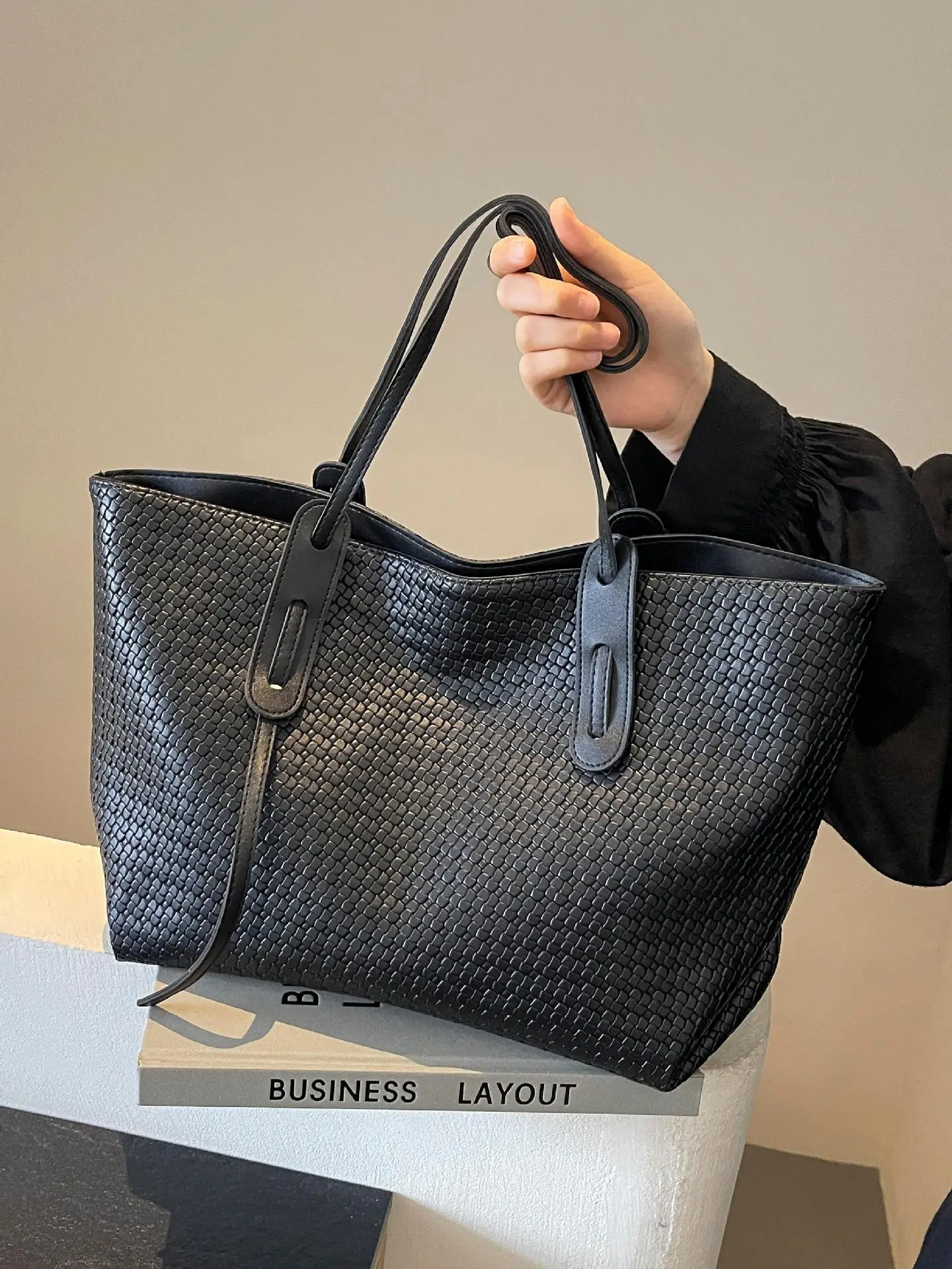 Black Crossbody Tote Bag with Embroidered Design - Image 8