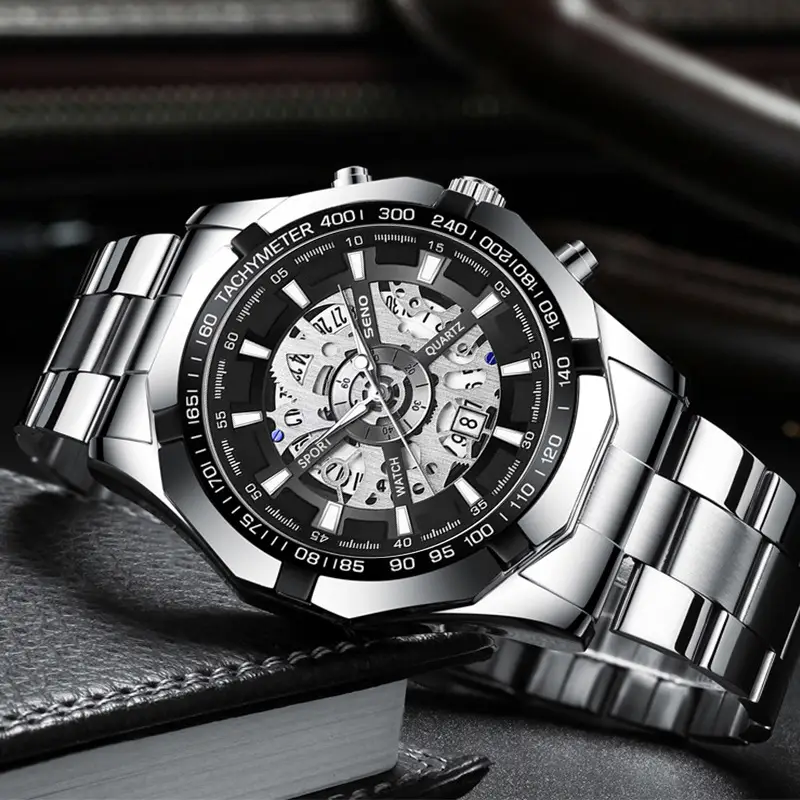 Men's Gold Skeleton Watch with Date & Compass - Image 5