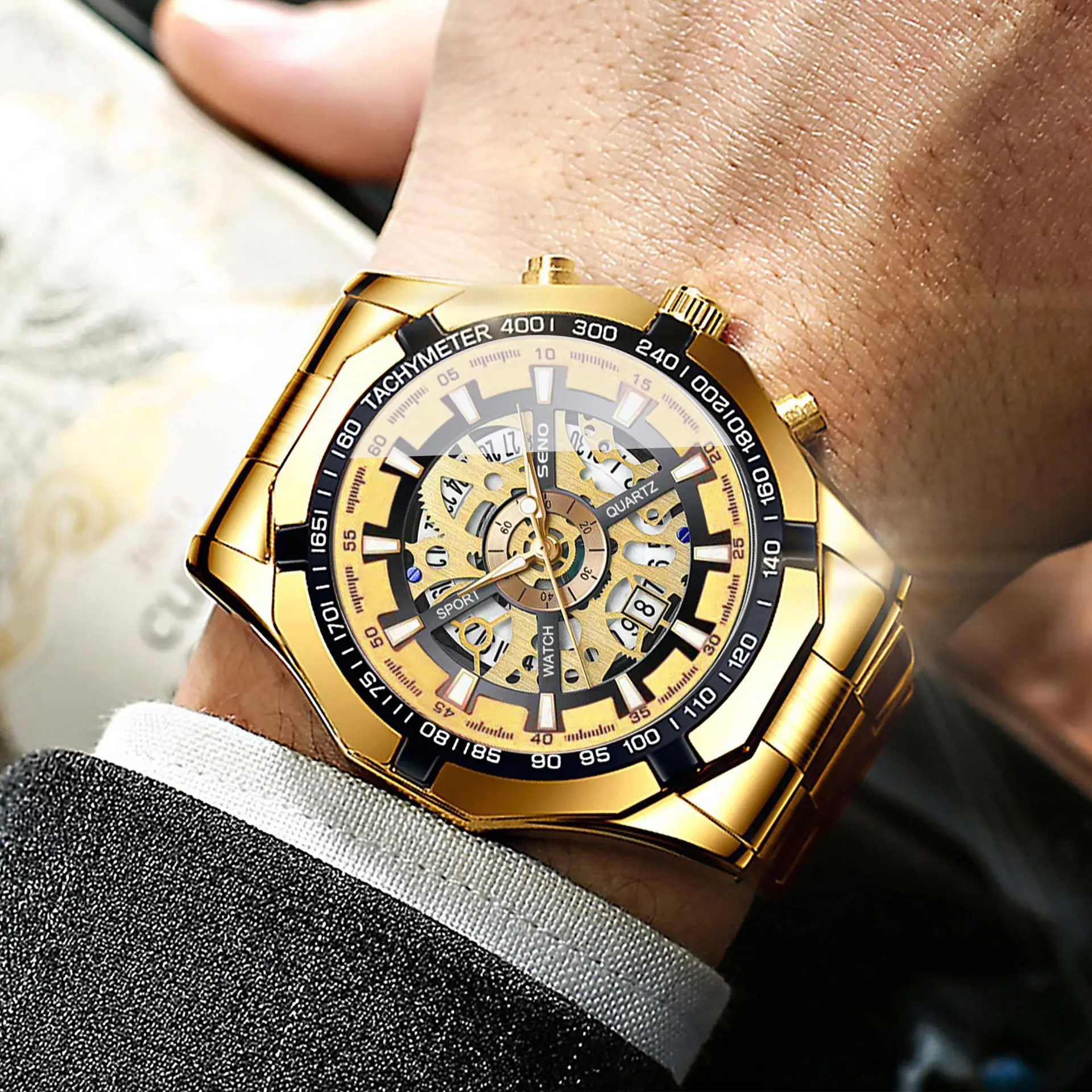Men's Gold Skeleton Watch with Date & Compass - Image 6