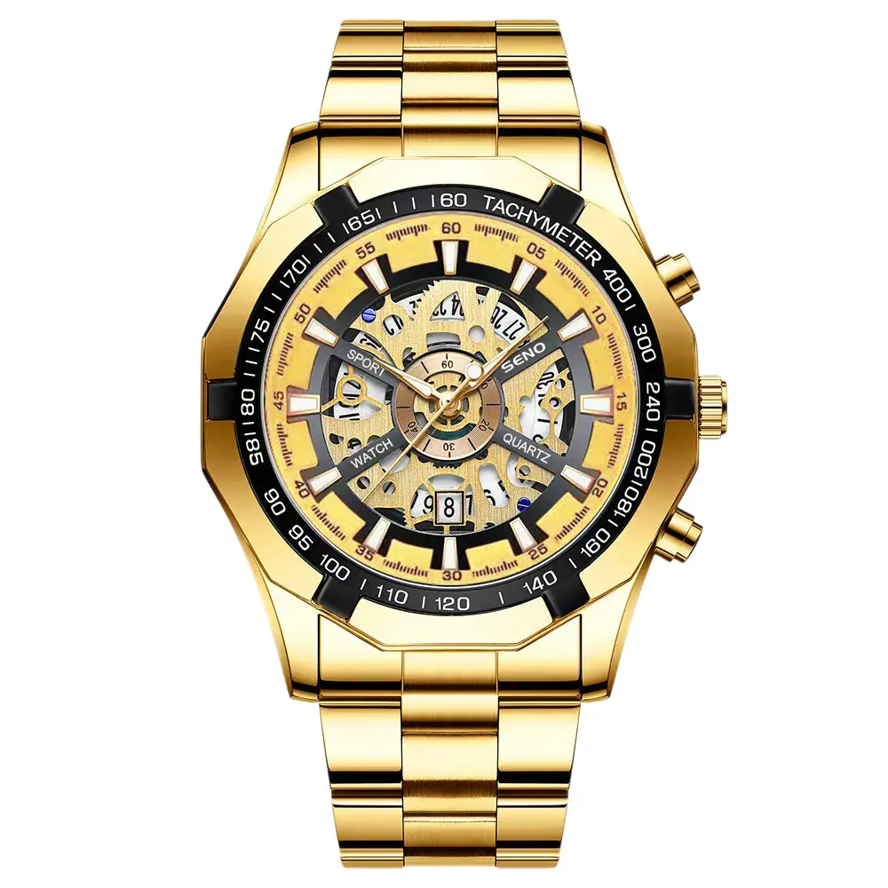 Men's Gold Skeleton Watch with Date & Compass - Image 7