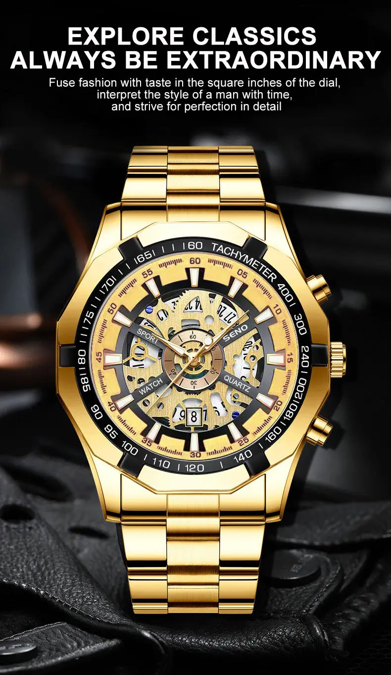 Men's Gold Skeleton Watch with Date & Compass — feature 10