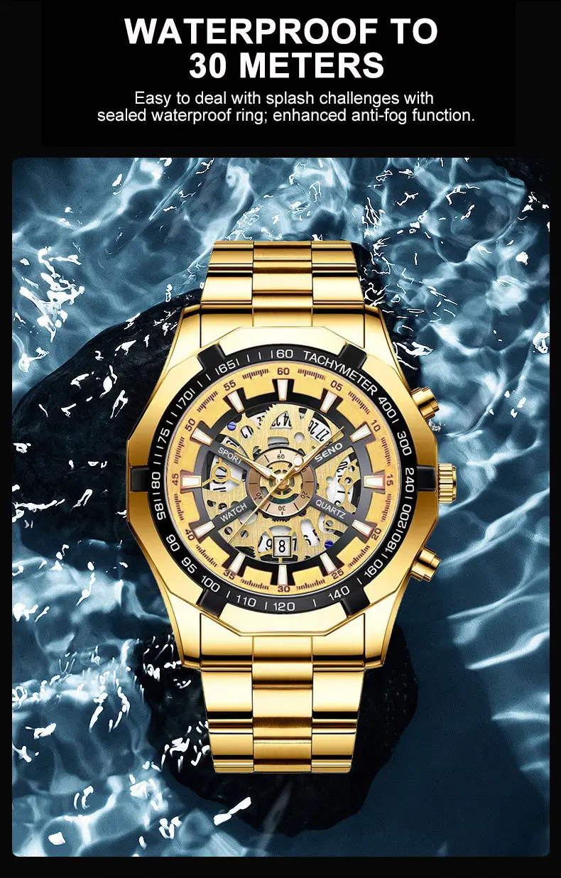 Men's Gold Skeleton Watch with Date & Compass — feature 14