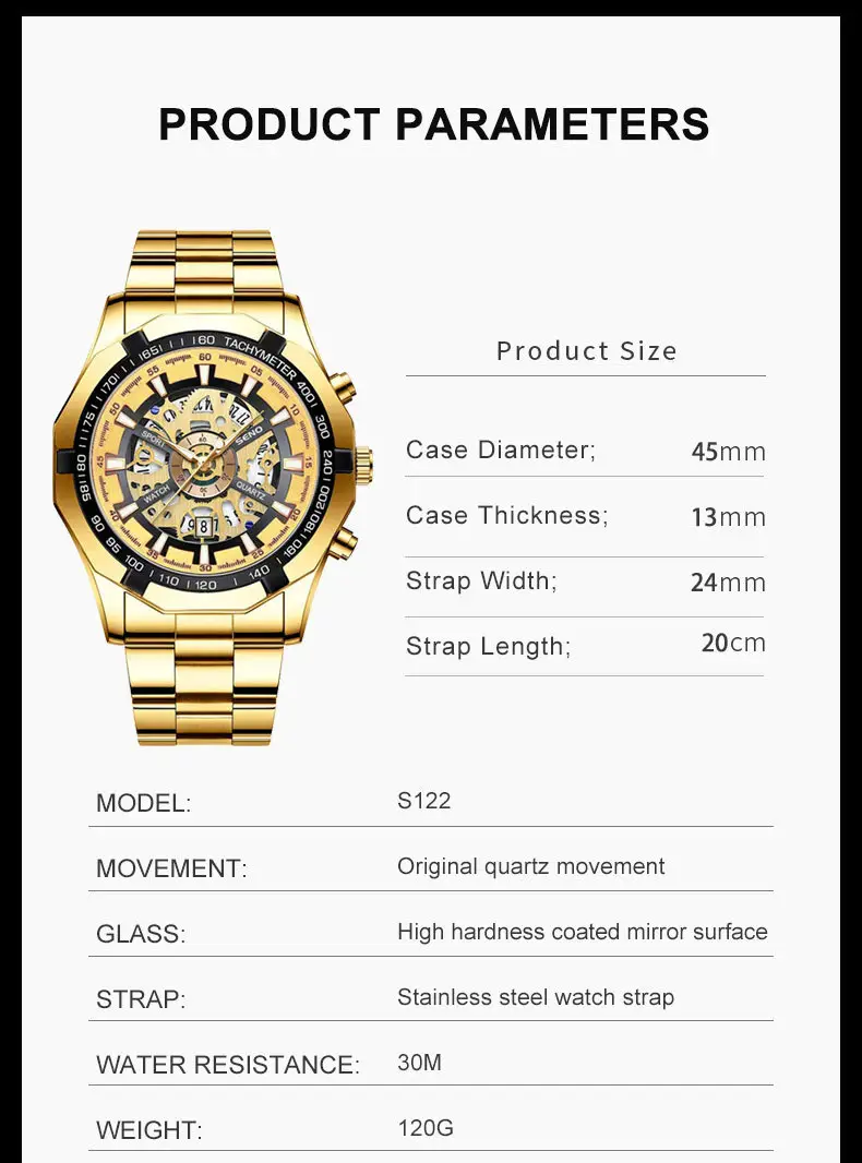 Men's Gold Skeleton Watch with Date & Compass — feature 16