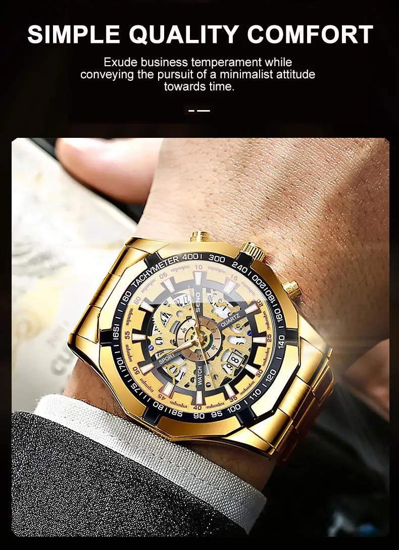 Men's Gold Skeleton Watch with Date & Compass — feature 18