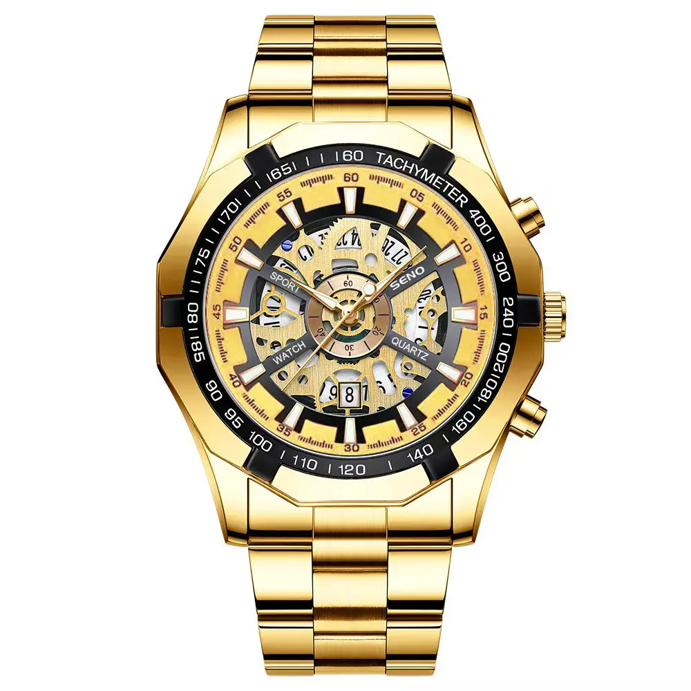 Men's Gold Skeleton Watch with Date & Compass - Image 2