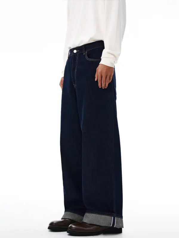 Men's Raw Cow Leather Jeans Dark Blue Straight Fit 2023m